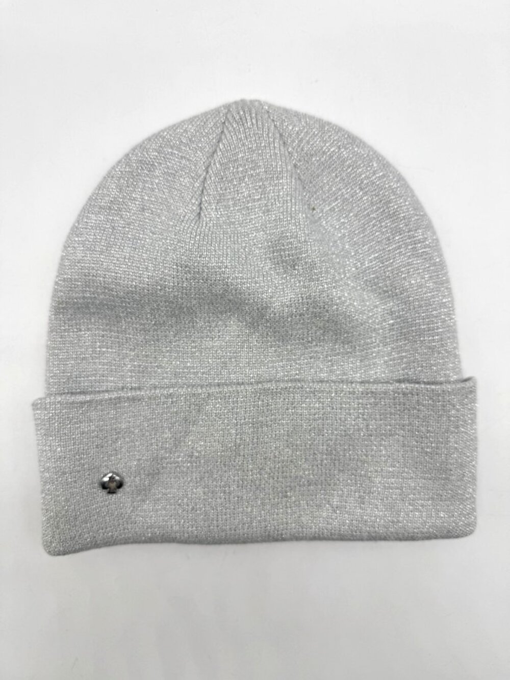 KATE SPADE NY metallic wool blend cuffed women's beanie winter hat in Silver